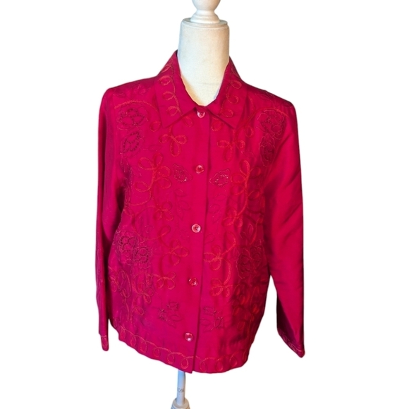 Vtg Red 100% silk scroll work cut out Office Siren button up career blouse Sz M - Picture 8 of 9